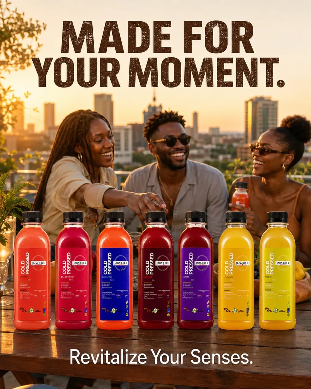 Friends sharing Jaba Juice at sunset over the Nairobi skyline, with all seven cold-pressed flavours lined up on the table — cocktail, dragon fruit, blueberry, hibiscus, grape, lemonade and passion.
